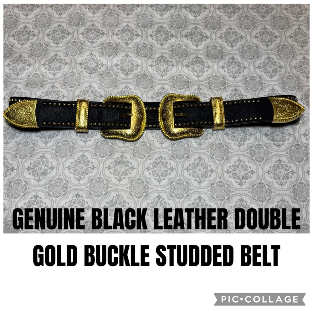 GENUINE BLACK LEATHER DOUBLE GOLD BUCKLE STUDDED BELT
